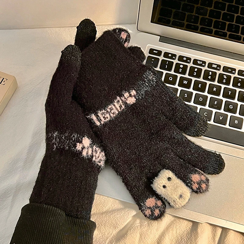 1 Paar neue Winter-Plüsch- und verdickte Radfahren-Kawaii-Touchscreen-Split-Finger-kältebeständige, winddichte Fünf-Finger-Handschuhe aus Plüsch