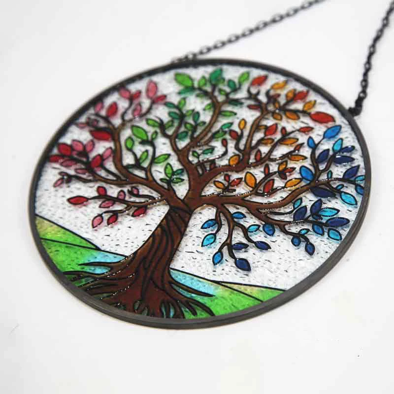 Tree of Life Stained Glass Suncatcher Four Seasons Theme Colorful Leaves Window Wall Hanging Ornament Hand-Painted Glass Decor