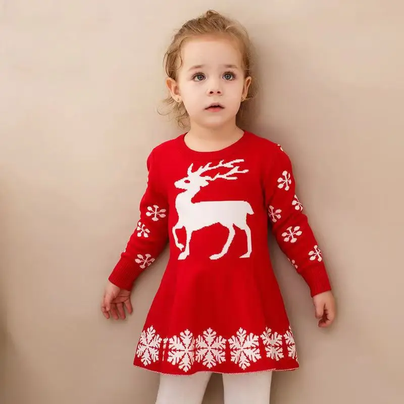 

Baby Girl Knitted Woolen Dress Long Sleeved Winter Child Christmas Sweater Princess Dress Deer Snowflake Baby Clothes 2-10Y