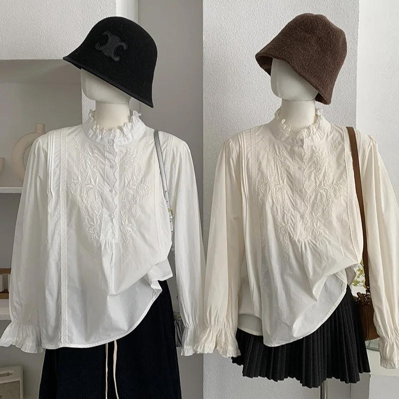 

2026 Embroidered Fungus Edge Stand-up Collar Shirt Women's High-end Loose Horn Long-sleeved Top