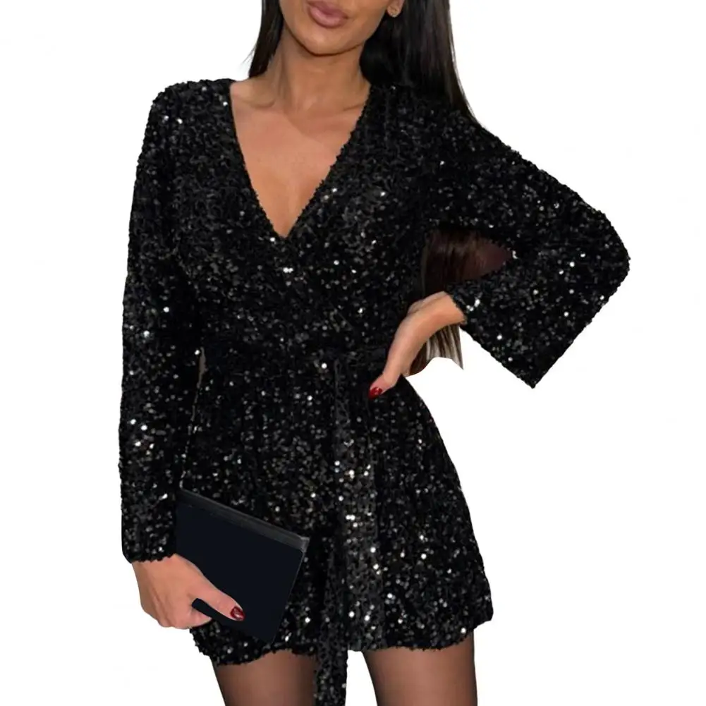 Solid Color Romper Sequin V Neck Party Romper with Lace-up Detailing Slim Waist for Club Prom Dating Shiny Long Sleeves Jumpsuit