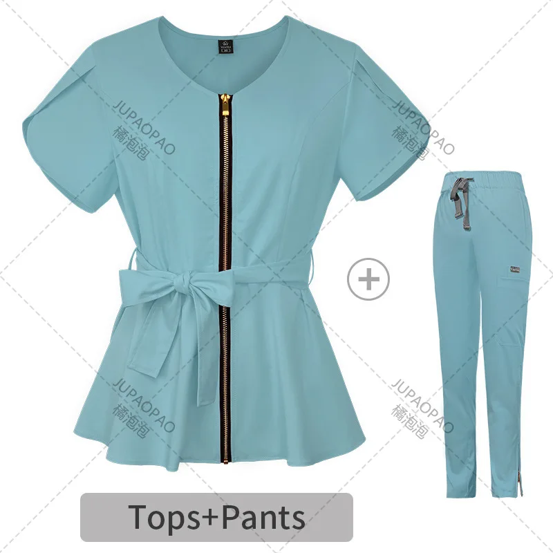 Uniforme de enfermería, ropa de trabajo, Tops y pantalones, traje de enfermera de Color sólido, blusa de bolsillo de manga corta, ropa de trabajo de odontología y farmacia