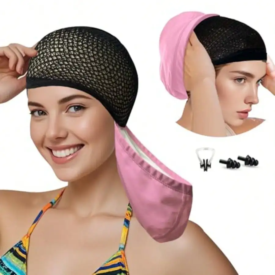 

Womens Swim Cap For Long Hair PU Fabric Hairnet Swimming Caps For Women Men Adults Youths With Ear Plug And Nose Clip Swim Hats Pool Caps To Tect Hair No Pulling