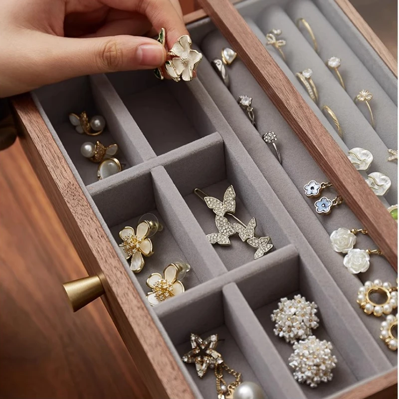 

Walnut Multi-Layer Jewelry Organizer Drawers Large Capacity Earring Ring Necklace Display Case Premium Jewelry Storage Cabinet