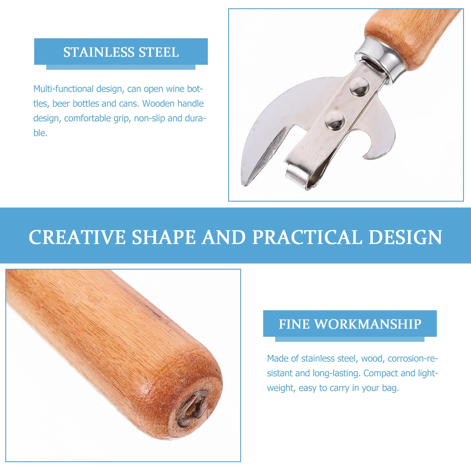 

2pcs Stainless Steel Wine Bottle Wooden Handle Portable Compact Can Opener Multi-Function Lid Opener For Beer Cans Household