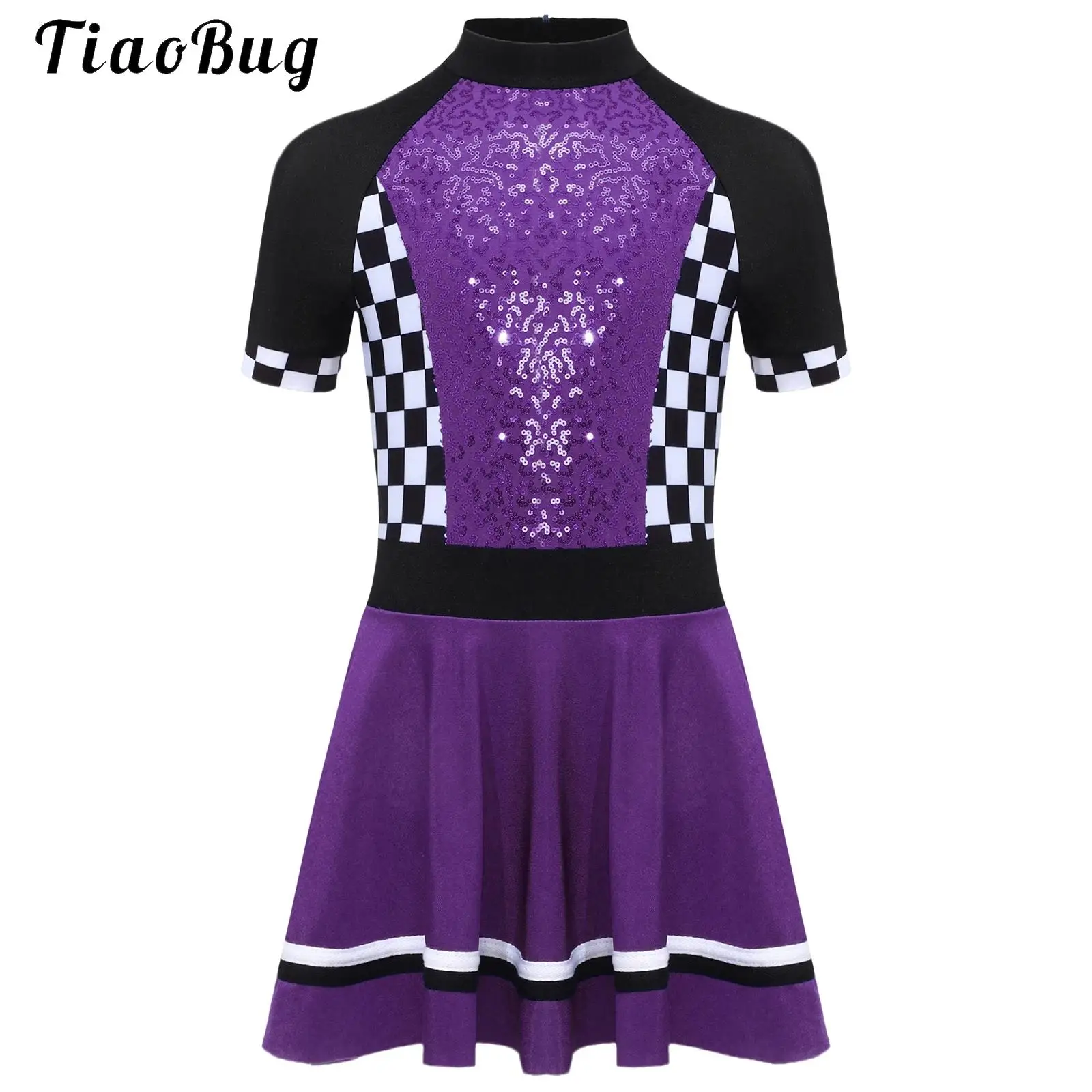 

Girls Race Car Driver Halloween Costume Checkerboard Sequins Leotard Mini Dress Shiny Cosplay Party Racer Dress Up Costumes