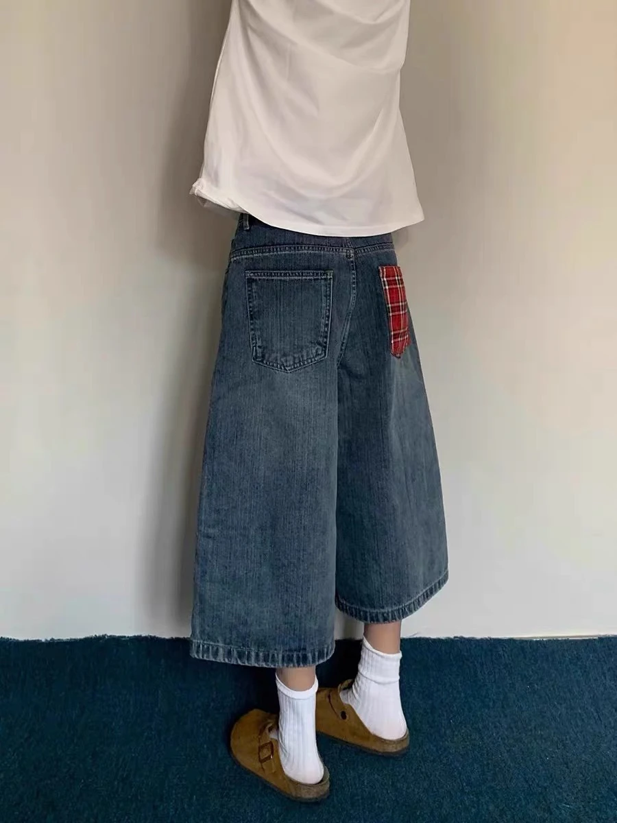 Pantaloni a sette piedi in denim scozzese americano retrò ket ex Pantaloni medi a gamba larga versatili casual larghi estivi