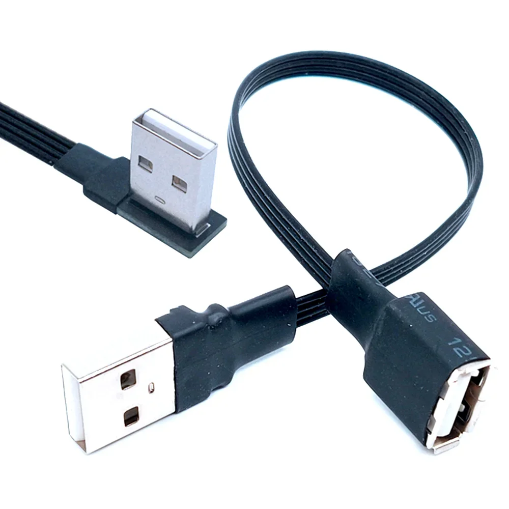 

90 Degree USB 2.0 Angled Extension Cable Soft Silicone Flat A Male to Female Right Left Up Down Black Cord