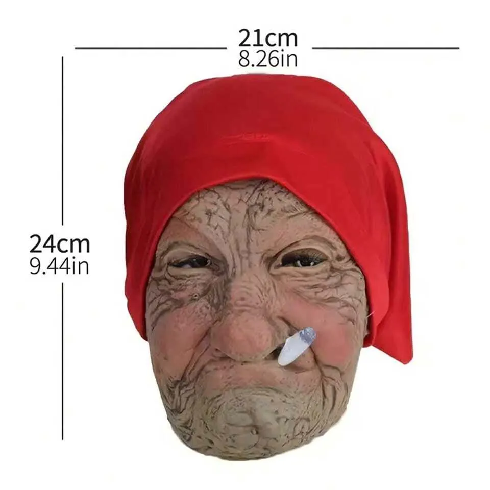 Funny Smoking Granny Old Nana Latex Mask Lady Grandma With Wrinkled Face and Red Scarf Masks Halloween Party Costume Props - view 6