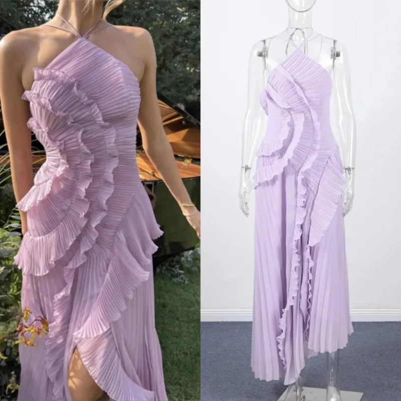 

Evening Wedding Midi Dresses Party Mini Dress Dream Summer Flounce Beach Pleats Ruffles Halter Gown Formal Gown A-line Dress New