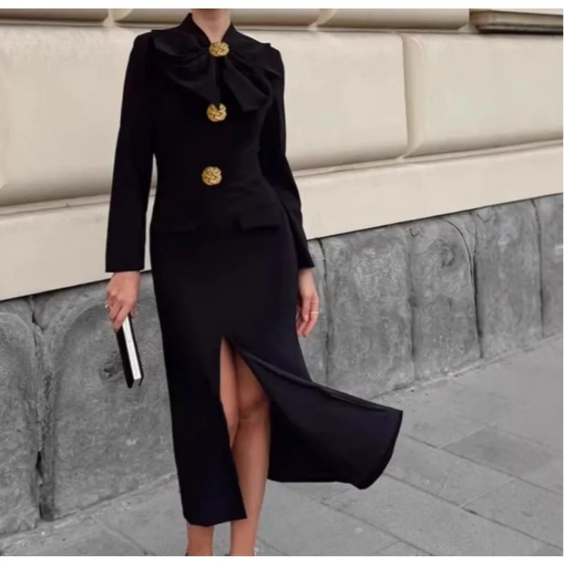 

Elegant Black V-neck Bow Long Sleeve Dress Women's 2026 Spring/summer New Fashion Waist and Hip Skirt Women's Clothing