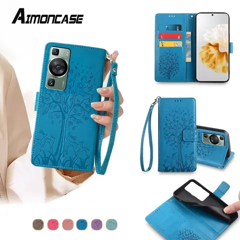 Leather Card Slots Wallet Case for Huawei P60 P50 P50E P40 Lite E P30 Pro Plus P20 P10 Flip Cover Phone Case with Strap Tree