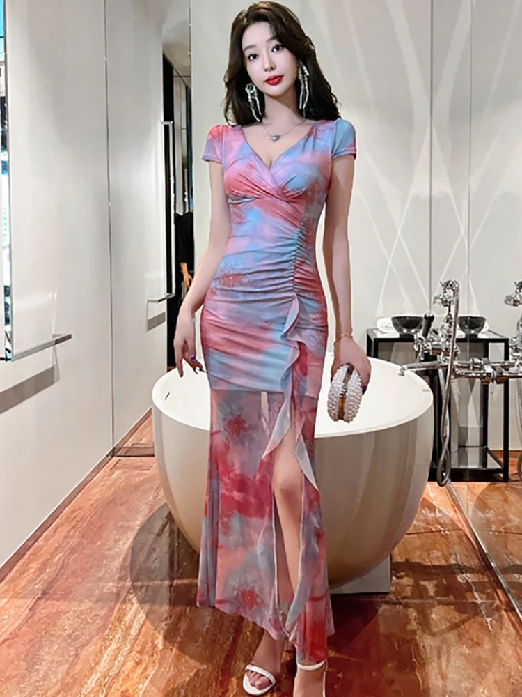 المرأة بوهو طباعة شبكة قصيرة الأكمام الخامس الرقبة مثير فستان طويل الصيف أنيقة شيك فستان مكشكش 2025 الكورية Bodycon مهرجان فساتين