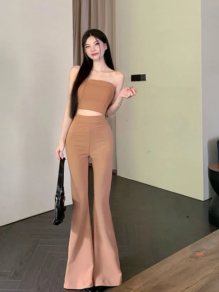 

Sexy strapless vest+flared floor mop pants summer suit women's high waisted casual two-piece set 2024 new