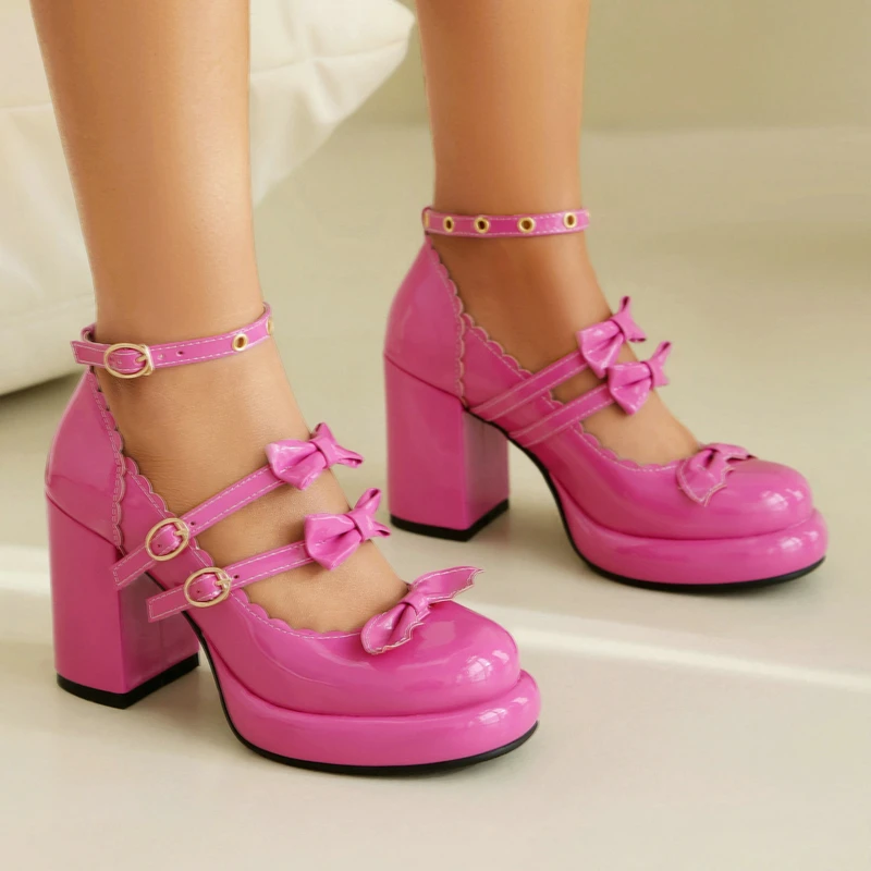 

Patent Leather White Pink Round Toe Platform Women Pumps Buckle Strap Square Chunky High Heels Woman Mary Janes Lolita Shoes