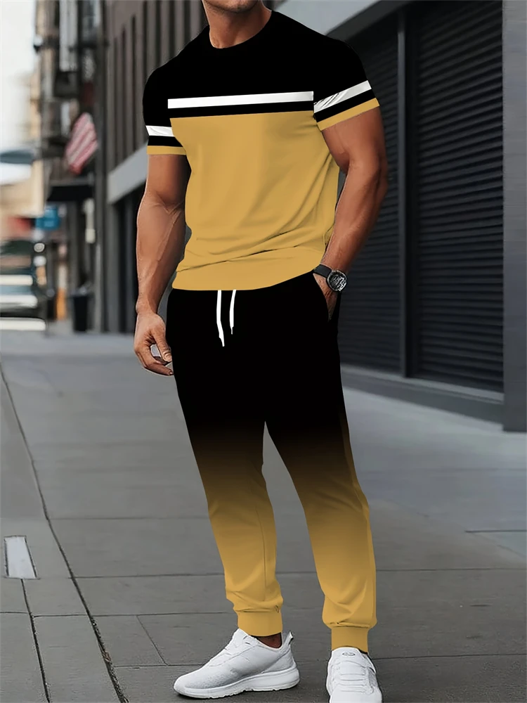 

Spring/Fall Men's Gradient Color Set Stylish Crew Neck Short Sleeve Top Outdoor Comfortable Casual Pants Two-Piece Set