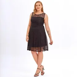 Elegant Vacation Sleeveless Lace Dress for Plus Size Ladies