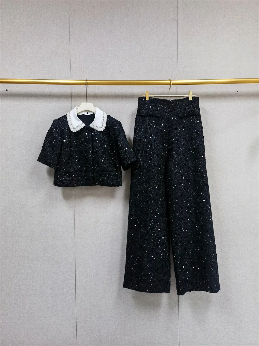 【Darmowy Prezent】Zestaw Damski Jesień Zima 2025: Francuski, Niszowy Top z Kolorowymi Blokami, Cyrkoniami, Perłami i Cekinami + Spodnie z Szerokimi Nogawkami