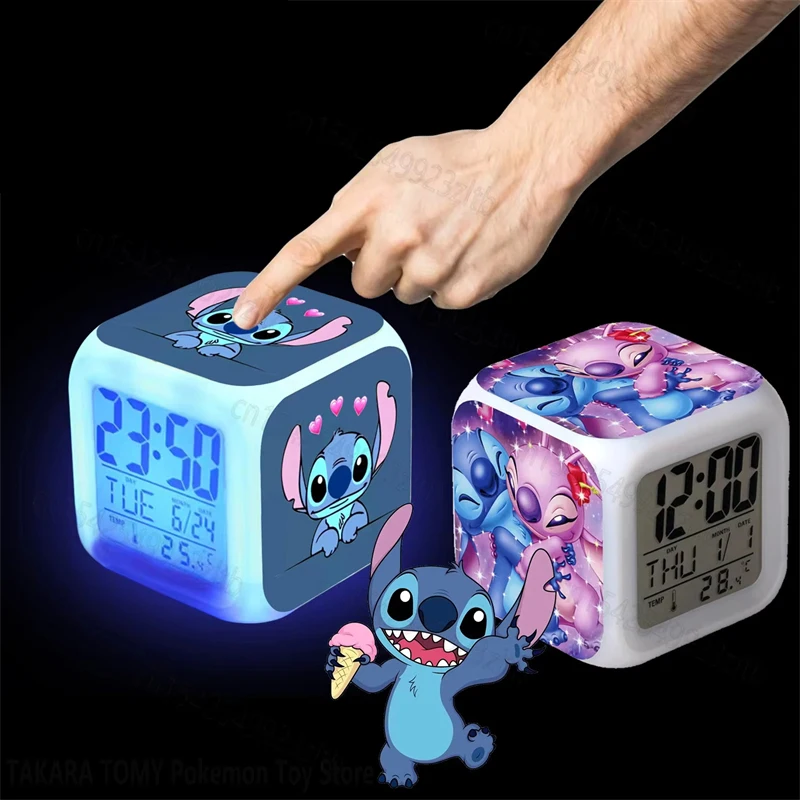 Stitch Alarm Clock Anime Figure Angel Led  Nightlight 7 Color Change Student Desk Decoration Toys Accessory Kids Gifts