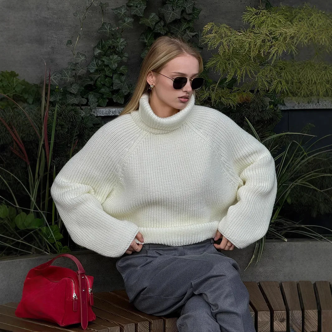 

Turtleneck Back Hollow Knitted Sweater Womens's Loose White Pullover Sweater Long Sleeve Warm Lady Commute Knitwear 2025 Autumn