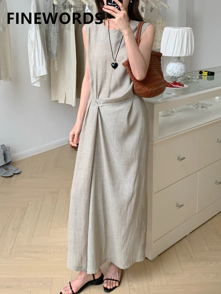 

FINEWORDS Summer Sleeveless O Neck Long Dress Women Korean Solid A Line Dress Luxury Elegant Party Dresses