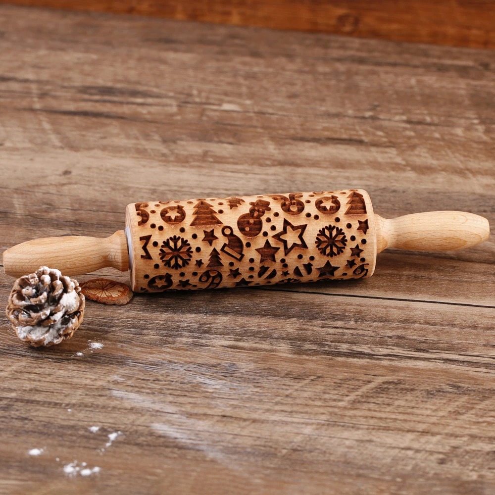 1pc 10inch Wooden Christmas Embossed Small Rolling Pin For Pastry Baking Tools Angel Elk Boots Deep Engraving Cookies Stamp Tool