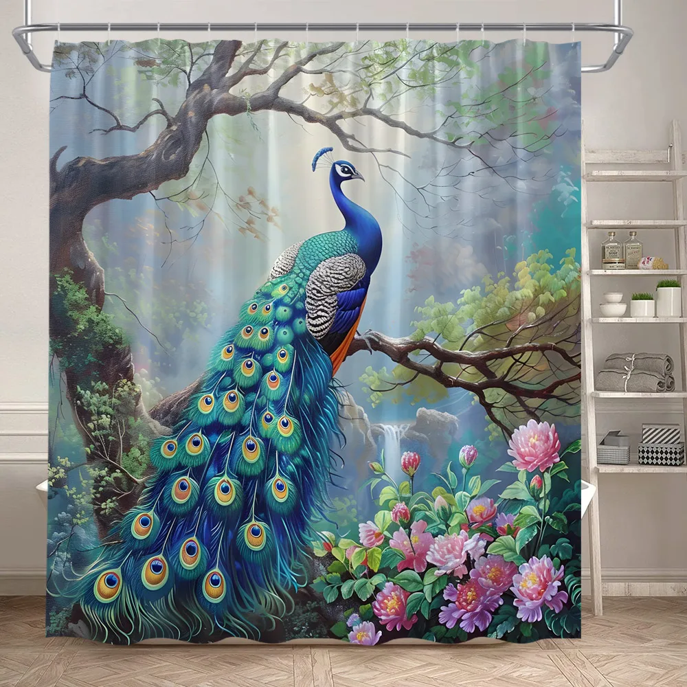 Blue Peacocks Shower Curtains Forest Trees Plants Flowers Waterfall Scenery Polyester Fabric Bathroom Curtain Decor with Hooks