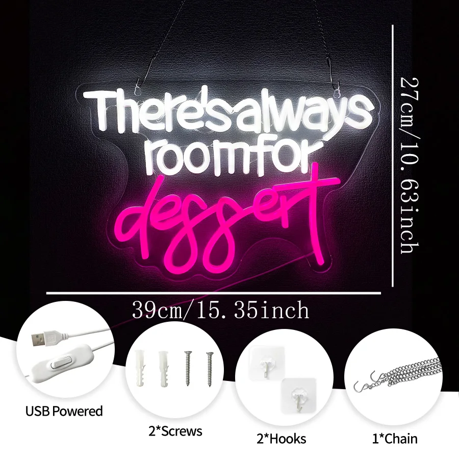 There's Always Room for Dessert Neon Sign, Bakery Shop LED Light USB Powered, Cafe Dessert Wall Decor Gift for Baking Lovers