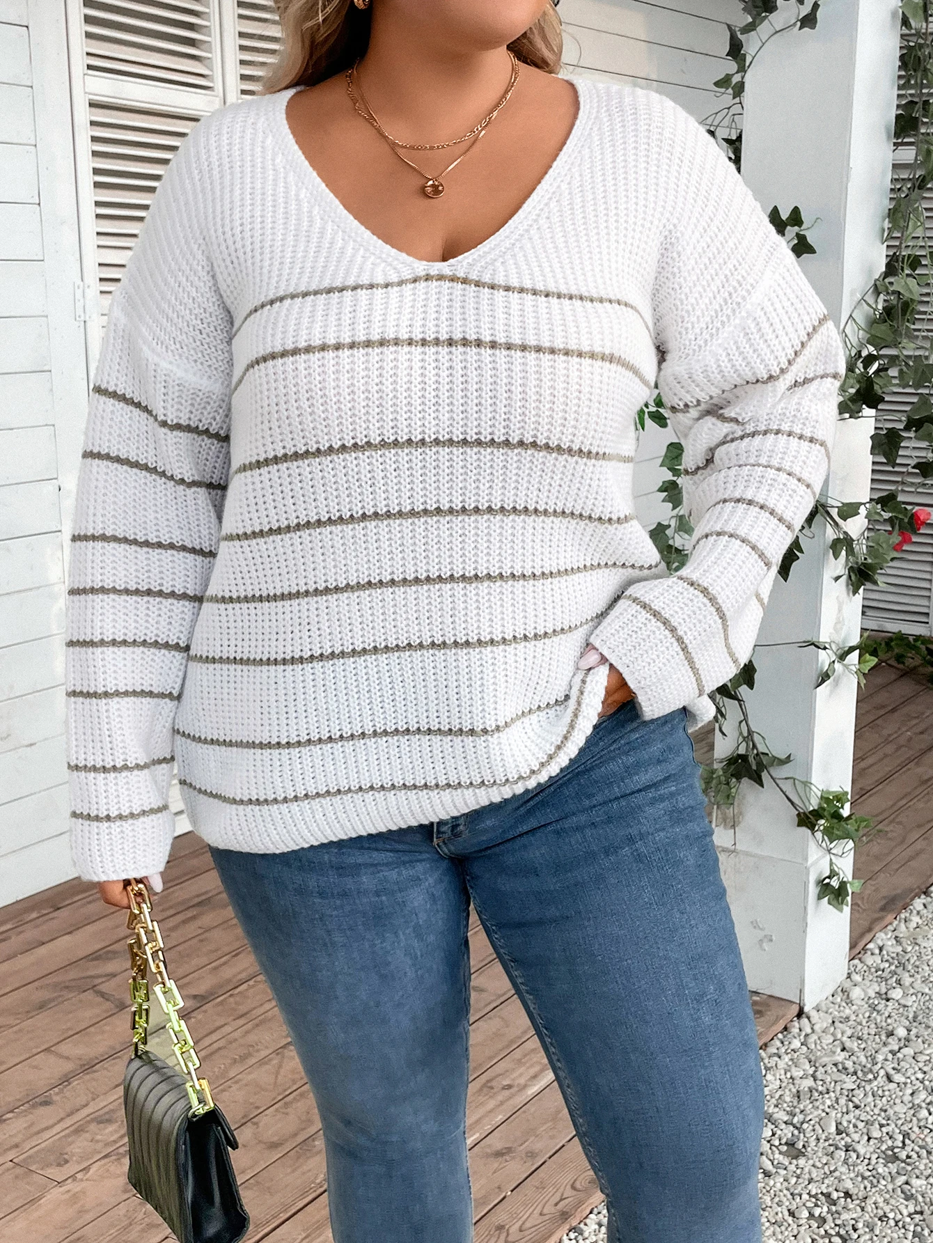 

European and American striped pullover, plus size sweater, women's autumn and winter new style, loose full sweater top