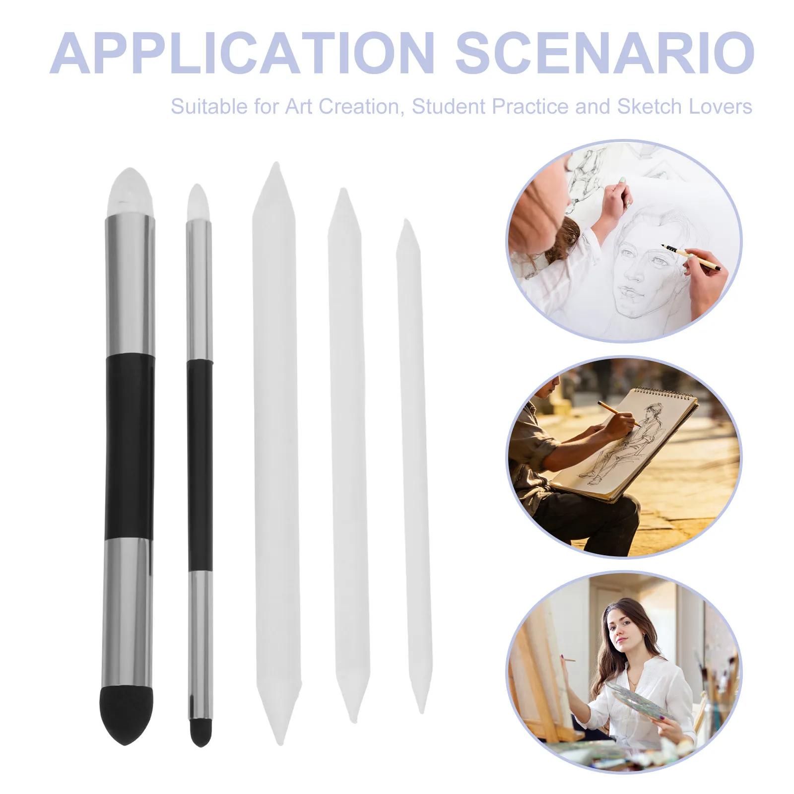 5Pcs Double-Headed Sponge Blender and Blending Stumps Set for Sketching Drawing Artists Washable Reusable Highlight Shadow