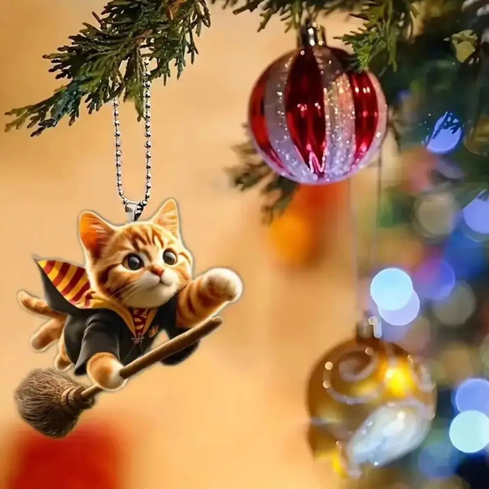 Cat Shaped Pendant Car Rearview Mirror Ornament With Lanyard Easy To Hang Realistic Looking Acrylic Christmas Hanging Decoration