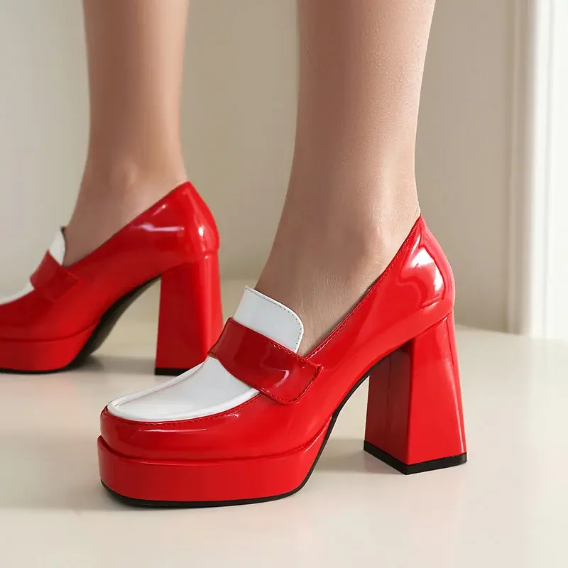 Red White Contrast Color Square Toe Block High Heels Women Pumps Office Mature Spring Luxury Shoes Platform Slip-on Chunky Heels