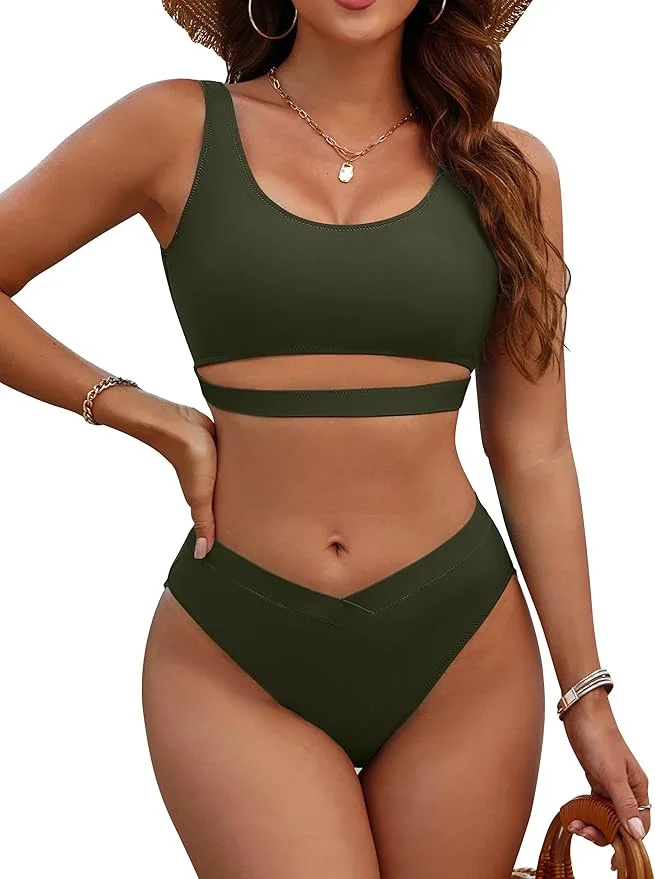 2025 sommer Neue Frauen Bikini Set Einfarbig Sexy Hohe Taille Dreieck Hosen Weibliche Split Badeanzug