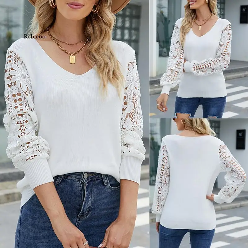 Women's Pullover Casual Knitted Tops Long Sleeve Elegant Fashion Office Basic Hollow Out Floral Lace Embroidery Female Clothing