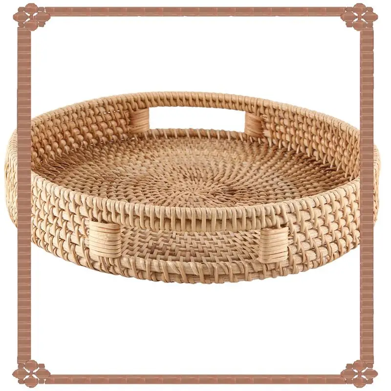 

24-Hour Delivery Round Rattan Serving Tray Decorative Woven Ottoman Trays With Handles For Coffee Table Natural
