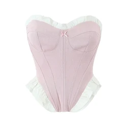 YENKYE Sexy Women Sweet Patchwork Fish Bone Slim Fit Strapless Top Chic Party Summer Crop Top