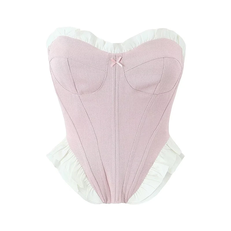 YENKYE seksowne kobiety słodka patchworkowa ryba kość Slim Fit Top bez ramiączek elegancka impreza letni krótki Top