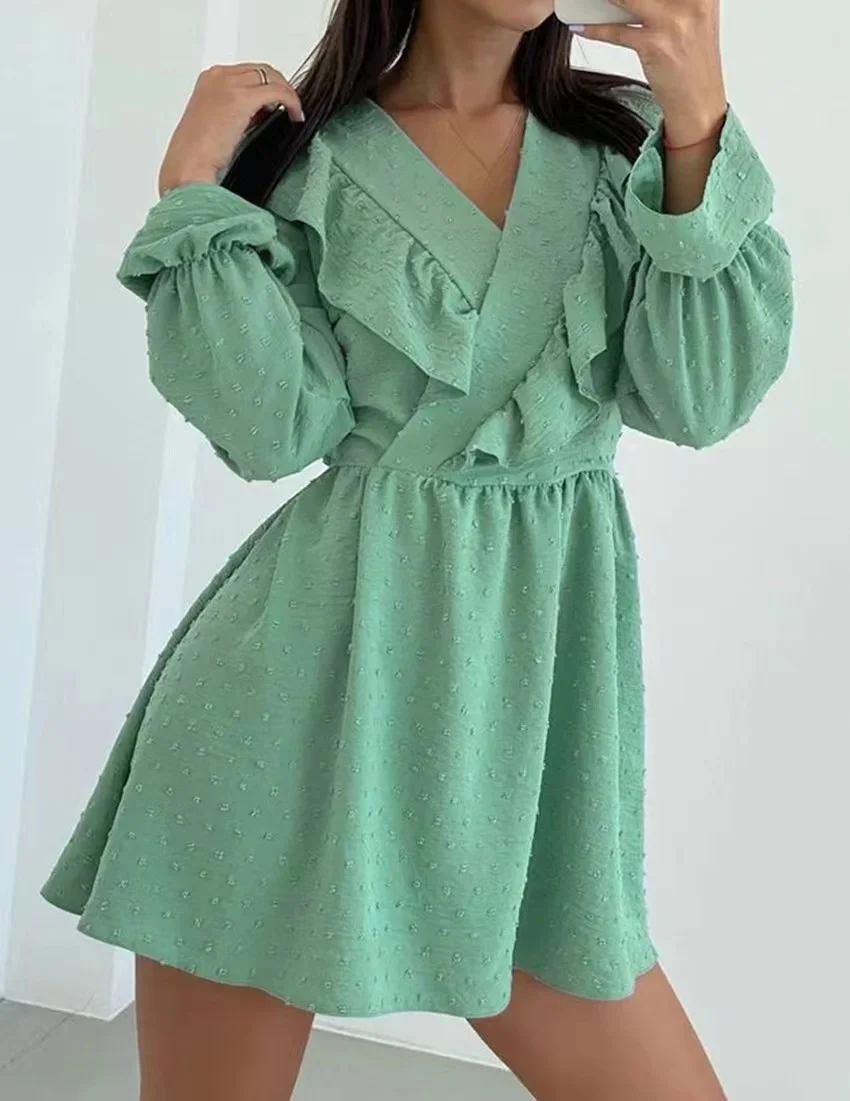 Ele A-Line Dr con finiture in pizzo V-Ne Bubble Sve Gonna lunga Sve ort Colore puro Chiusura a vita alta Dr da donna