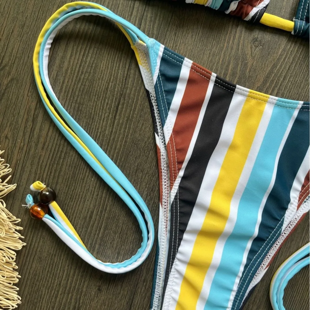 Neuer gestreifter Neckholder-Bikini, Damen-Badeanzug, zweiteiliges Bikini-Set mit hohem Beinausschnitt, Badebekleidung, Badeanzug, Schwimmanzug V8500 – Detail 8