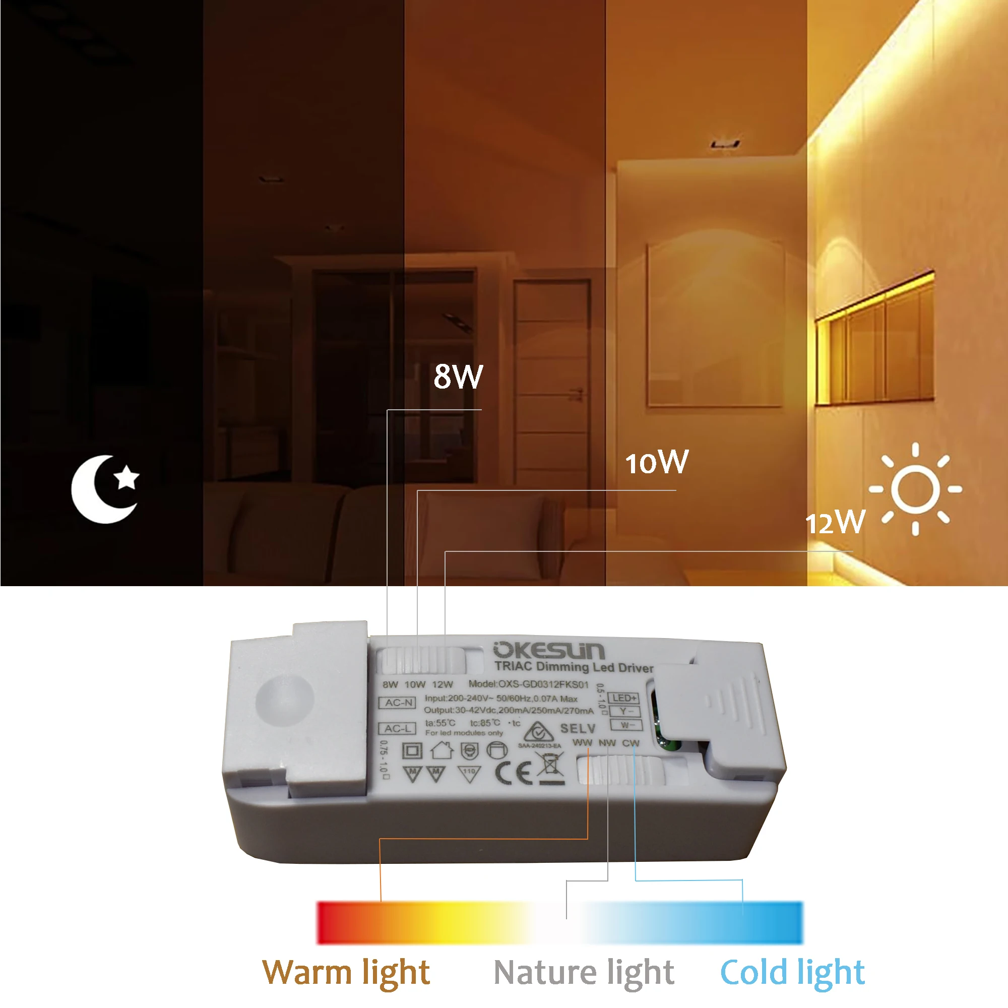 Interruttore CCT dimmerabile senza sfarfallio liscio Driver LED dimmerabile 8W-12W corrente regolabile 200mA 250mA 270mA per LED COB bicolore