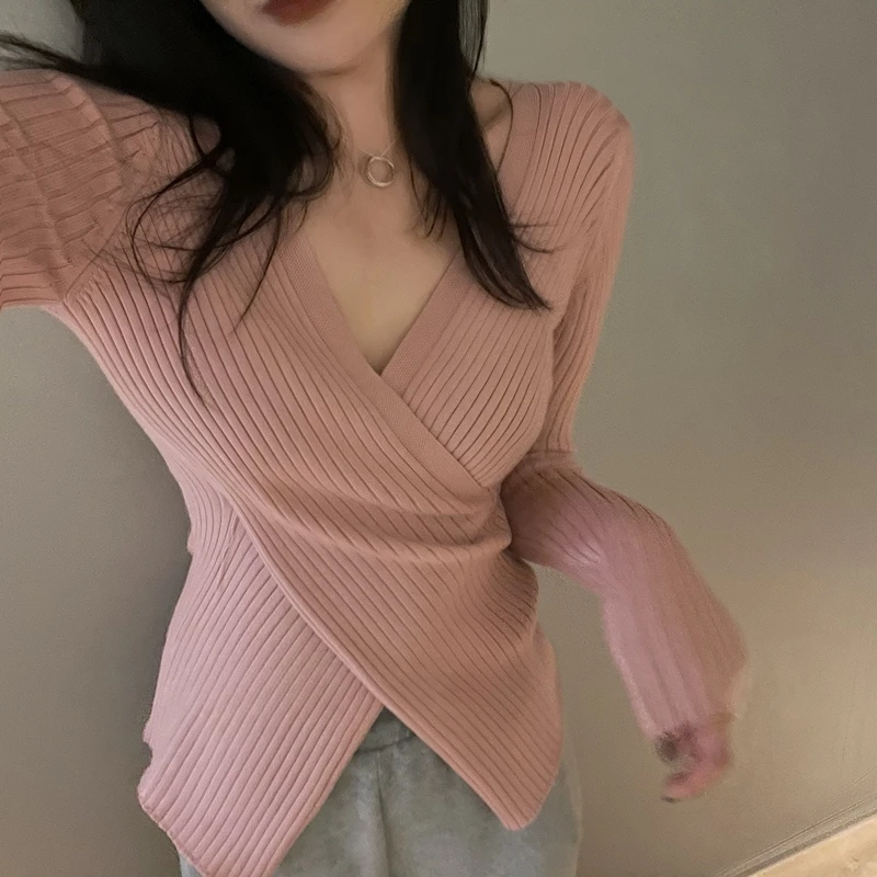 

Cross V-Neck Long Sleeve Knitted Base Shirt Pink Inner Wear Slim Fit Autumn Winter New Style Design Sense Women's Fashion Top