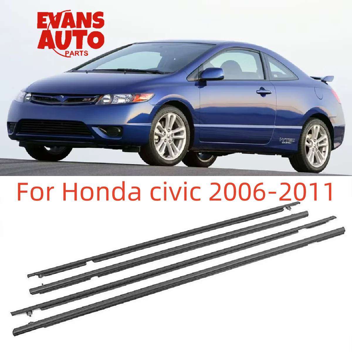 4Pcs Car Window Weatherstrip Moulding Trim Rubber Seal Strip For Honda Civic 2006‑2011 Exterior Outer Door Glass Weather Strip