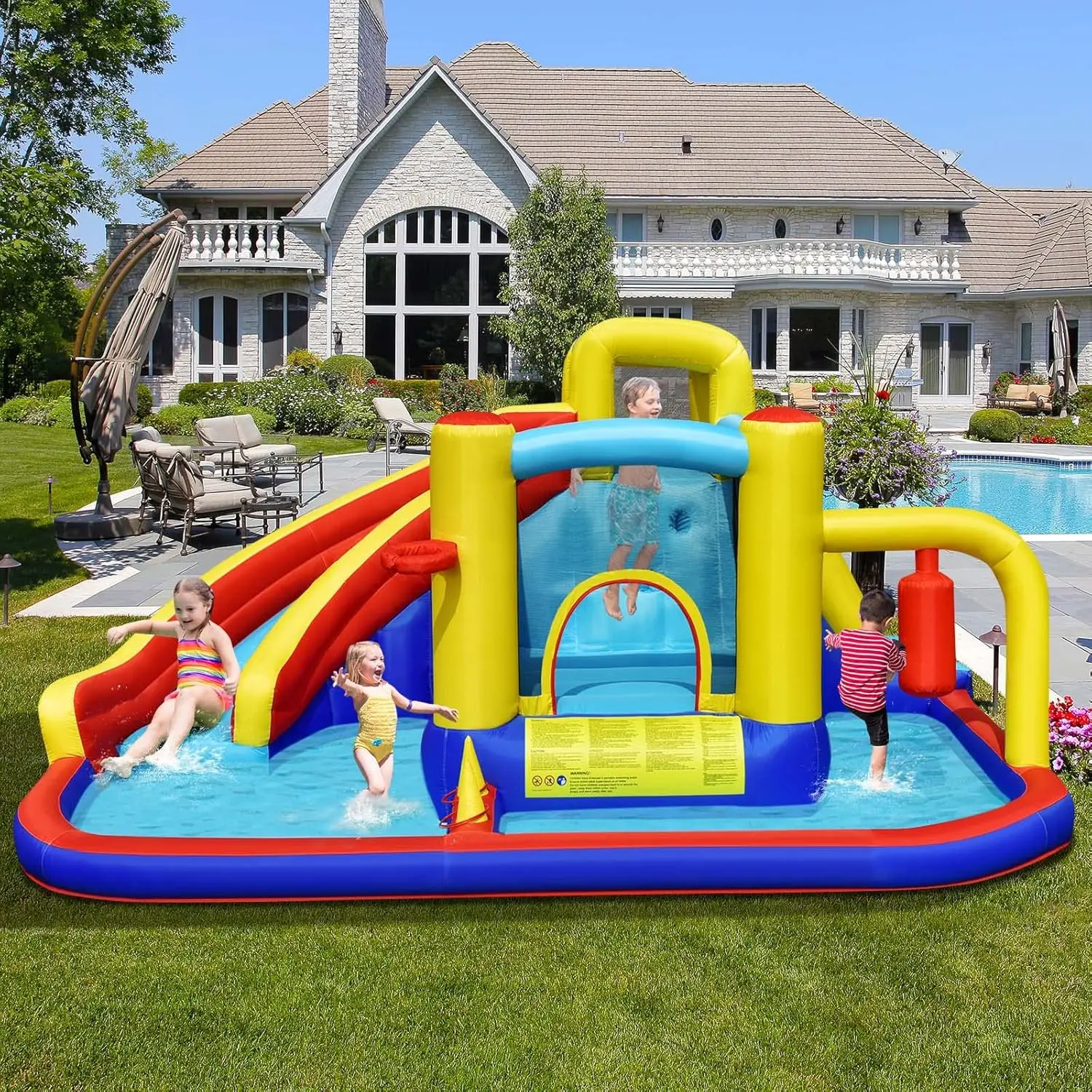 Nadmuchiwana zjeżdżalnia wodna, Mega woda Bounce House ze zjeżdżalnią Combo dla dzieci na podwórku zabawa na świeżym powietrzu w/735w dmuchawę, brodzik, dmuchanie