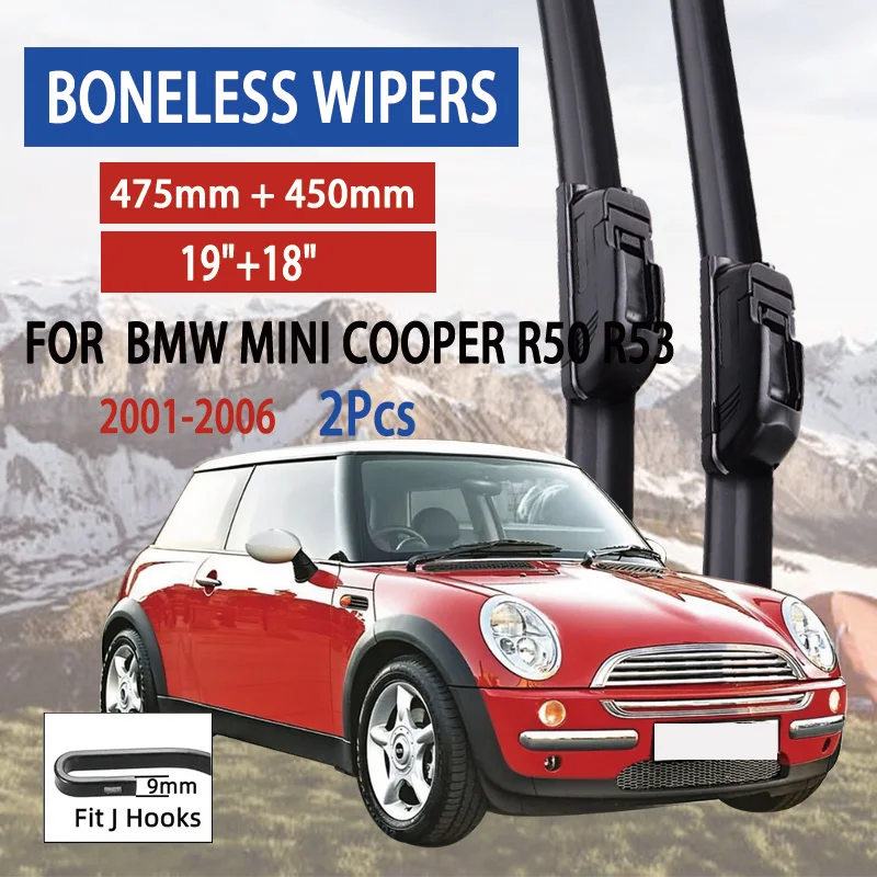 For BMW MINI Cooper R50 R53 2001-2006 Car Front Wiper U-Shape Soft Rubber Boneless Wiper HD Silent Durable Wiper 19\