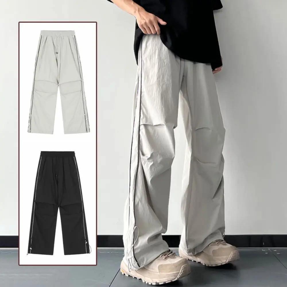 

Thin Drawstring Wide Leg Sweatpants Stripe Y2K Loose Cargo Pants Baggy Oversized Male Joggers Trousers Streetwear