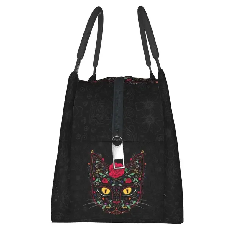 Day Of The Dead Kitten Cat Sugar Skull Thermal Insulated Lunch Bags Women Mexican Halloween Floral Lunch Container for Food Box