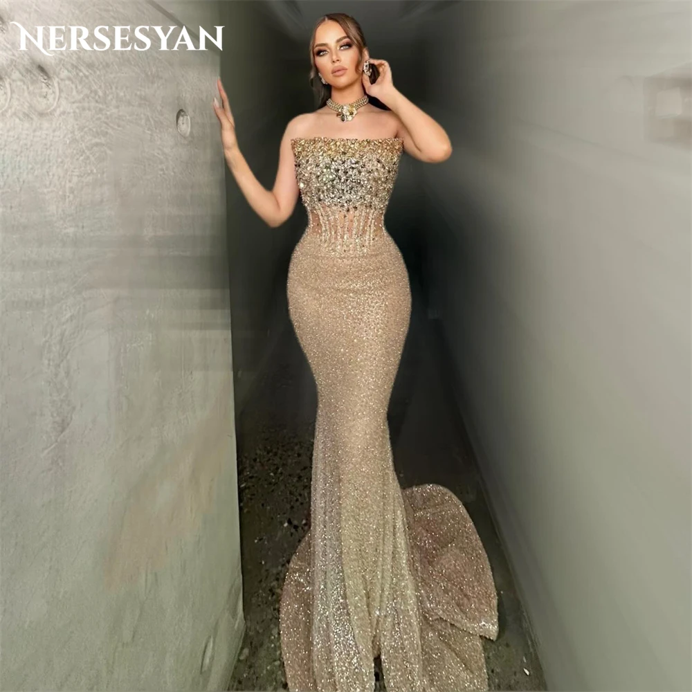 

Nersesyan Glitter Mermaid Luxury Evening Dresses Off Shoulder Backless Beading Prom Dress Sparkly Sequins Crystals Party Gowns