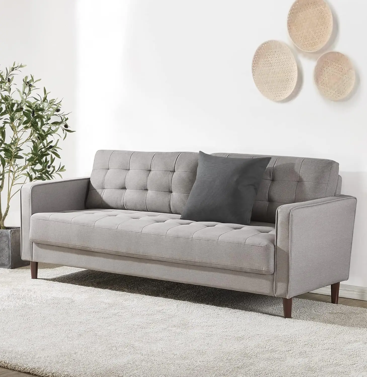 

Benton Sofa Couch / Grid Tufted Cushions / Easy, Tool-Free Assembly, Stone Grey