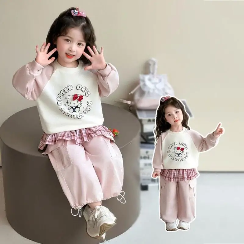 

Sanrio Hello Kitty Pullover Pants Two-Piece Set Girl Tops Pants Spring Fall Sportswear Children Kawaii Cartoon Fashion Clothes