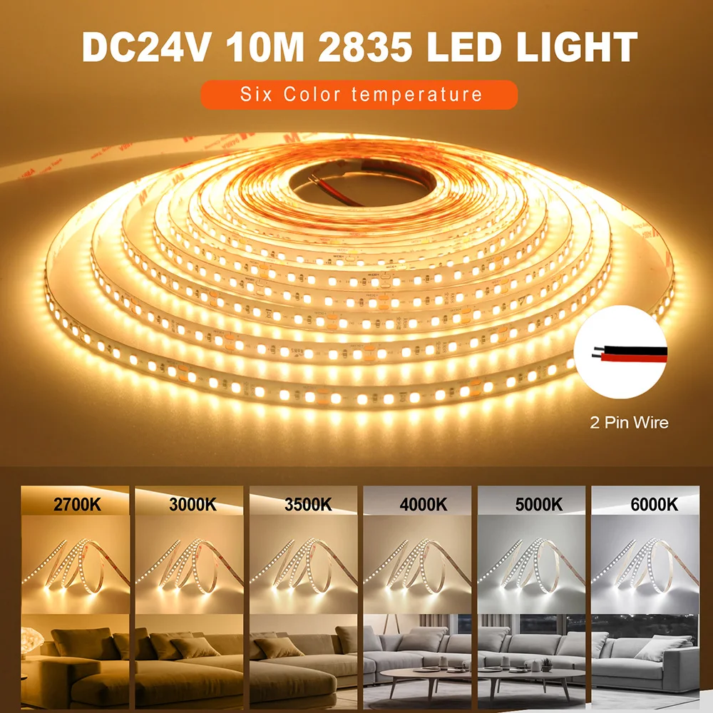 LED Strip Light 2835 24V 5m 10m RA98 2700K 3000K 3500K 4000K 5000K 6000K Flexible Tape Stripe Super Bright 120LED Home Lighting